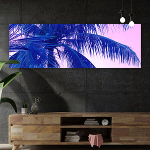 Spannrahmenbild Blaue Palme mit Rosa Himmel Panorama