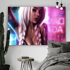 Poster Blondes Tattoo Girl im Neonlicht Querformat