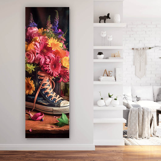 Acrylglasbild Blumiger Jeans Turnschuh im Panorama Hoch