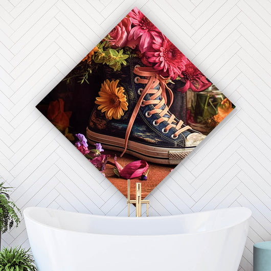 Spannrahmenbild Blumiger Jeans Turnschuh im Raute, Aufhängefertig