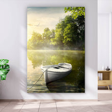Lade das Bild in den Galerie-Viewer, Aluminiumbild Boot auf See am Morgen Hochformat
