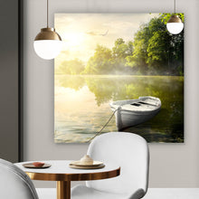 Lade das Bild in den Galerie-Viewer, Leinwandbild Boot auf See am Morgen Quadrat
