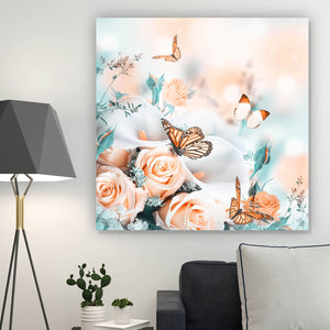 Spannrahmenbild Blumenstrauß mit Schmetterlingen Quadrat