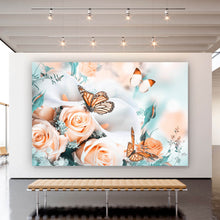 Lade das Bild in den Galerie-Viewer, Aluminiumbild gebürstet Blumenstrauß mit Schmetterlingen Querformat
