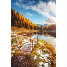 Lade das Bild in den Galerie-Viewer, Aluminiumbild gebürstet Brücke in herbstlicher Berglandschaft Hochformat
