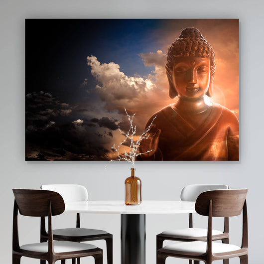 Spannrahmenbild Buddha auf bewölktem Hintergrund Querformat