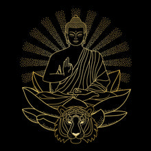 Lade das Bild in den Galerie-Viewer, Aluminiumbild gebürstet Buddha auf Lotusblüte mit Tiger Quadrat
