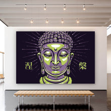 Lade das Bild in den Galerie-Viewer, Aluminiumbild gebürstet Buddha auf schwarzem Hintergrund Modern Art Querformat

