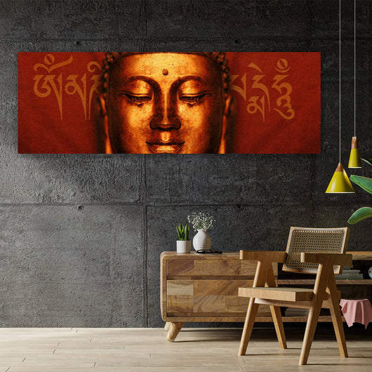 Aluminiumbild Buddha Gesicht mit Schriftzug Panorama