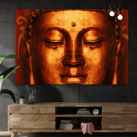Leinwandbild Buddha Gesicht mit Schriftzug Querformat
