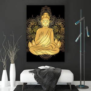 Aluminiumbild gebürstet Buddha im Lotussitz Hochformat