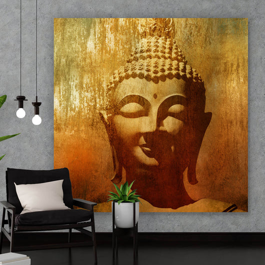 Leinwandbild Buddha Kopf im Grunge Stil Quadrat