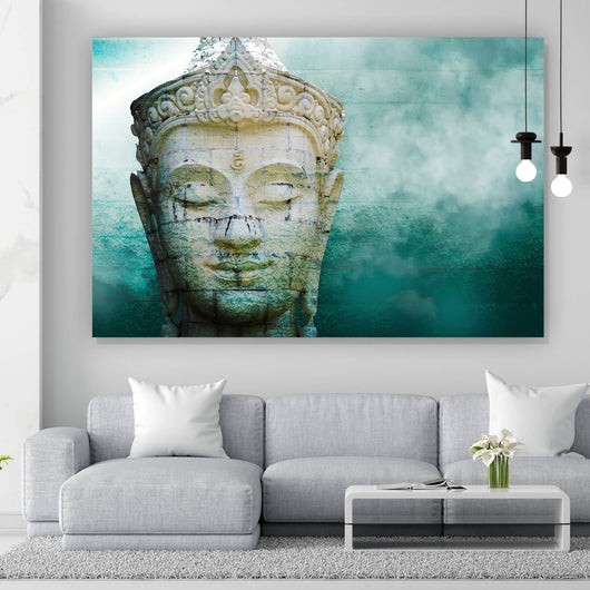 Aluminiumbild Buddha Kopf mit Rauch im Hintergrund Querformat