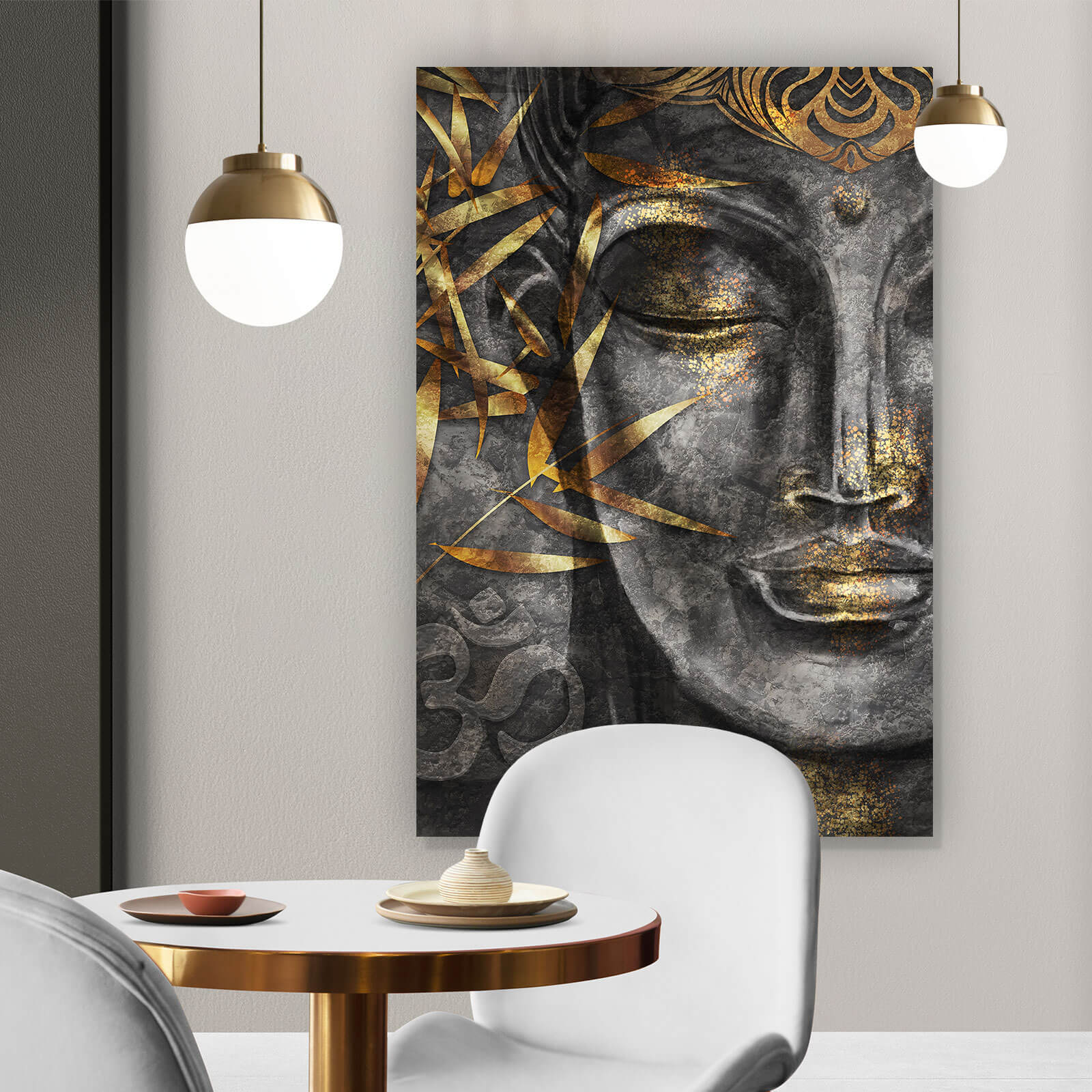 Leinwandbild Buddha mit goldenem Bambus im Hochformat, Aufhängefertig &  Versandkostenfrei – Wandguru