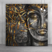 Lade das Bild in den Galerie-Viewer, Aluminiumbild gebürstet Buddha mit goldenem Bambus Quadrat
