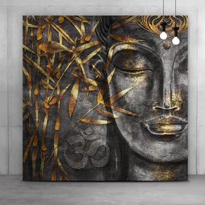 Spannrahmenbild Buddha mit goldenem Bambus Quadrat
