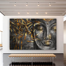 Lade das Bild in den Galerie-Viewer, Aluminiumbild gebürstet Buddha mit goldenem Bambus Querformat

