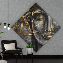 Lade das Bild in den Galerie-Viewer, Aluminiumbild gebürstet Buddha mit goldenem Bambus Raute
