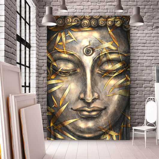 Aluminiumbild gebürstet Buddha mit goldenen Blättern Hochformat