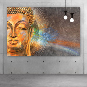 Aluminiumbild gebürstet Buddha mit Mandala Querformat
