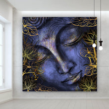 Lade das Bild in den Galerie-Viewer, Acrylglasbild Buddha Violett mit goldenen Blättern Quadrat
