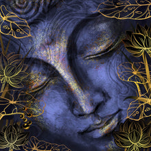 Lade das Bild in den Galerie-Viewer, Spannrahmenbild Buddha Violett mit goldenen Blättern Quadrat
