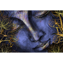 Lade das Bild in den Galerie-Viewer, Acrylglasbild Buddha Violett mit goldenen Blättern Querformat

