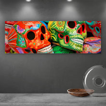 Lade das Bild in den Galerie-Viewer, Aluminiumbild gebürstet Bunte mexikanische Schädel Panorama
