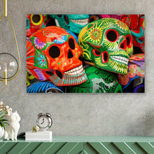Lade das Bild in den Galerie-Viewer, Aluminiumbild Bunte mexikanische Schädel Querformat
