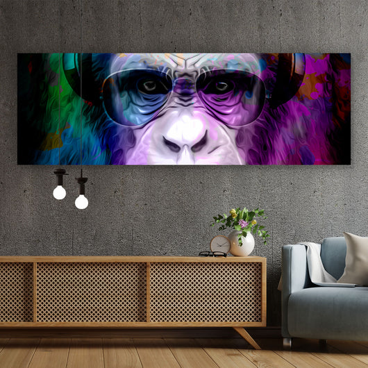 Aluminiumbild gebürstet Bunter Affe mit Kopfhörer Panorama