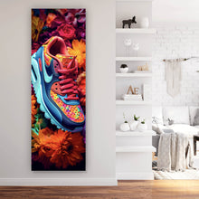 Lade das Bild in den Galerie-Viewer, Aluminiumbild gebürstet Bunter Sneaker in Blumenmeer Panorama Hoch
