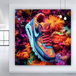 Acrylglasbild Bunter Sneaker in Blumenmeer Quadrat