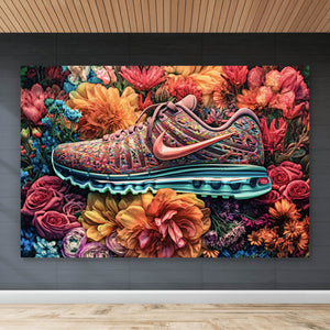 Acrylglasbild Bunter Sneaker in Blumenbett Querformat