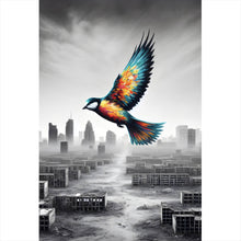 Lade das Bild in den Galerie-Viewer, Poster Bunter Vogel über einer Trümmerlandschaft Hochformat
