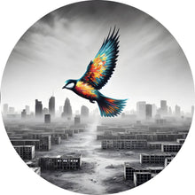 Lade das Bild in den Galerie-Viewer, Aluminiumbild Bunter Vogel über einer Trümmerlandschaft Kreis
