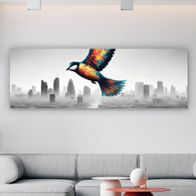 Lade das Bild in den Galerie-Viewer, Acrylglasbild Bunter Vogel über einer Trümmerlandschaft Panorama
