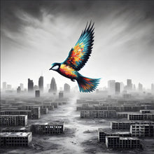 Lade das Bild in den Galerie-Viewer, Acrylglasbild Bunter Vogel über einer Trümmerlandschaft Quadrat
