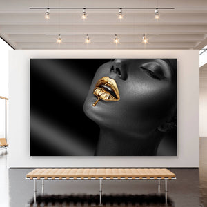 Aluminiumbild Chrome Lippen Gold Querformat