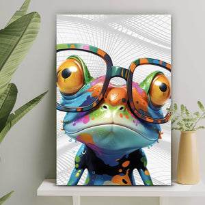 Acrylglasbild Bunter Frosch mit Brille Hochformat