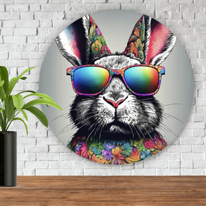 Aluminiumbild Cooler Hase mit Regenbogenbrille Kreis