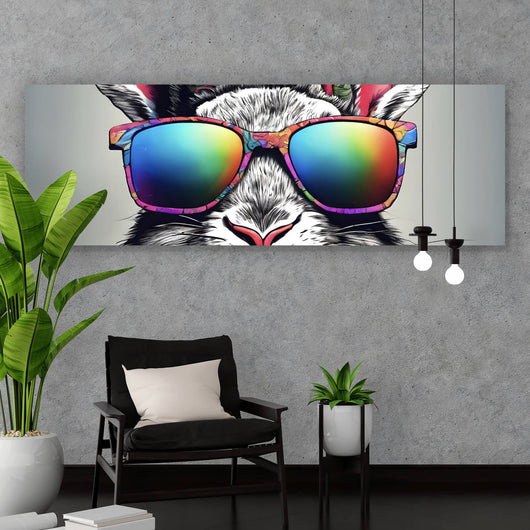 Leinwandbild Cooler Hase mit Regenbogenbrille Panorama