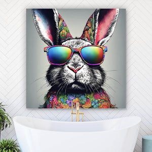 Aluminiumbild gebürstet Cooler Hase mit Regenbogenbrille Quadrat