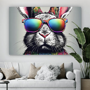 Spannrahmenbild Cooler Hase mit Regenbogenbrille Querformat
