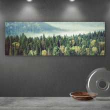 Lade das Bild in den Galerie-Viewer, Aluminiumbild Dichter Nadelwald im Nebel Panorama
