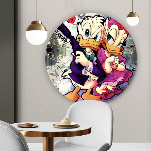 Aluminiumbild Donald und Daisy in Crime Pop Art Kreis