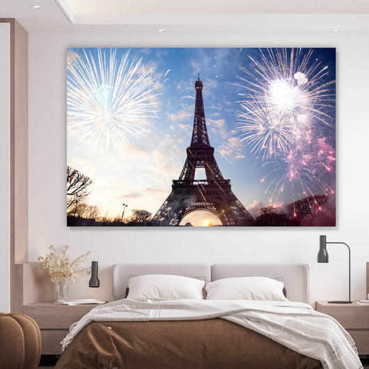 Acrylglasbild Eiffelturm mit Feuerwerk Querformat