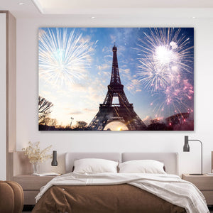 Spannrahmenbild Eiffelturm mit Feuerwerk Querformat