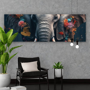 Leinwandbild Elefant Blumen Digital Art Panorama
