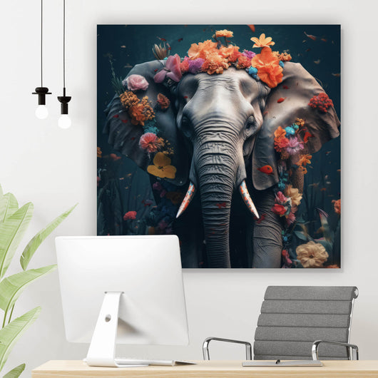 Aluminiumbild gebürstet Elefant Blumen Digital Art Quadrat