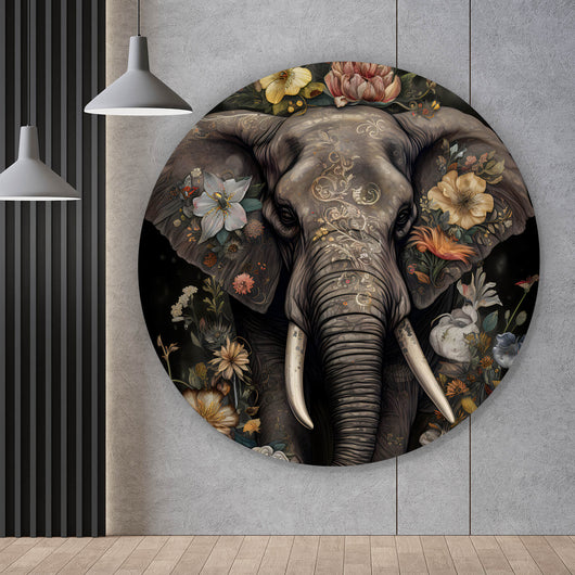 Aluminiumbild gebürstet Elefant Boho mit Blumen Kreis